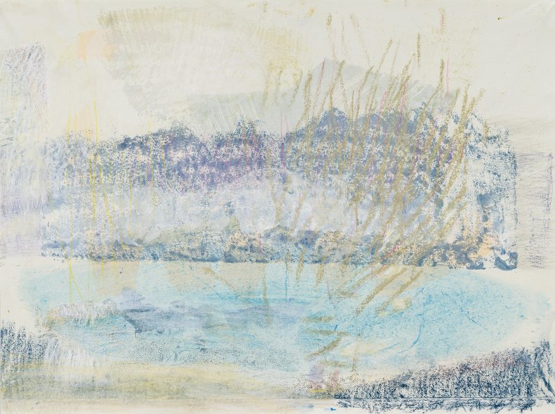 Ulrike Kampmann: Walchensee, 2021, Tempera, Kreide, Farbstift auf Papier, 44 x 58 cm