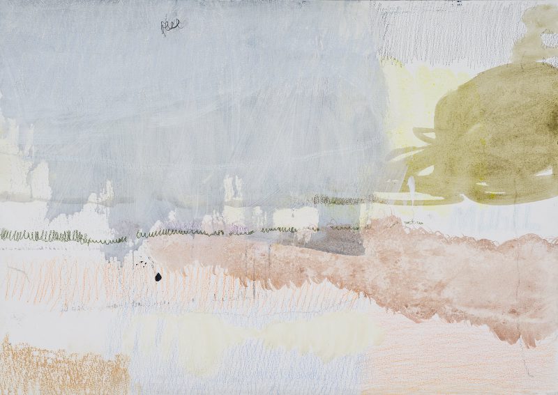 Ulrike Kampmann: Pieschener Hafen bei starker Bewölkung, 2022, Tempera, Farbstift auf Papier, 34 x 48 cm